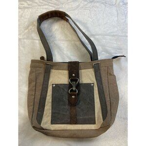 Mona B Nora Canvas Leather Shoulder Bag Distressed Canvas Magnetic Zip Closure